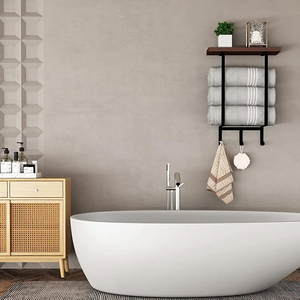 Estante de almacenamiento de toallas no perforado de doble Polo, soporte de baño de madera de hierro negro, montado en la pared para Aplicaciones de cocina transfronterizas - Product Image 5