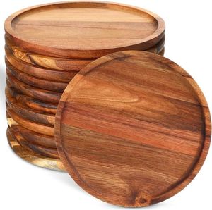 Platos de Madera Rústicos Hechos a Mano, Platos Redondos para Cena, Platos de Servir de Madera de Acacia Natural, Vajilla Reutilizable, Estilo Rústico - Product Image 5