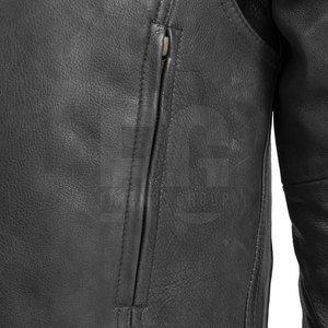 Chaqueta de Motociclista de Cuero Genuino Negro para Hombre, Cuello Alto, Cierre de Cremallera, Estilo Biker con Bolsillos - Product Image 5