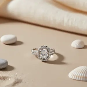 Anillo Romántico de Plata 925 con Halo Ovalado para Mujer, Joyería Geométrica de Platino con Diamante Tallado para Aniversario o Promesa - Product Image 1