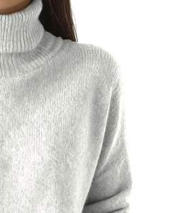 Suéter de Cuello Alto Gris Claro para Mujer, Tejido de Lana Acrílica, Jersey de Manga Larga para Invierno, Fabricante Personalizado, Diseño OEM al por Mayor - Product Image 2