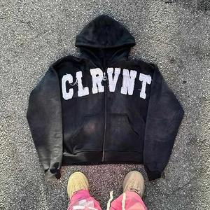 Sweat à capuche zippé unisexe délavé à l'acide, effet vieilli, avec appliques, broderies et impression numérique, teint uni, directement de l'usine - Product Image 1