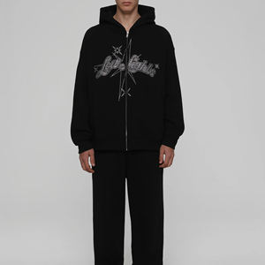 เสื้อฮู้ดดี้ผู้ชายผ้าฝ้ายฟลีซแบบมีซิปประดับเพชรเทียม กระเป๋าจิงโจ้ ซิปเต็มตัว ดีไซน์ประดับเพชรเทียม - Product Image 2