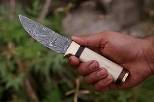 Handmade DIY OEM Customizable Damascus Steel Hunting Outdoor Skinning <b>Knife</b> Fixed Blade <b>Bone</b> <b>Handle</b> Leather Sheath Wholesale - Product Image 2