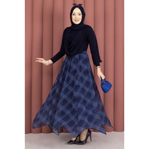Falda Midi Asimétrica de Gasa Azul Marino a Cuadros, Suave y Transpirable, con Cintura Natural, Estampado Digital, Estilo Recto de Algodón Tejido - Product Image 1