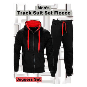 ชุดวอร์มผ้าฟลีซสำหรับผู้ชาย, ชุดมีฮู้ดแขนยาวสีตัดกันพร้อมซิปและเข้าคู่กับกางเกงวิ่งชุดมีสายสำหรับฝึกซ้อมและสวมใส่ในชีวิตประจำวัน - Product Image 2