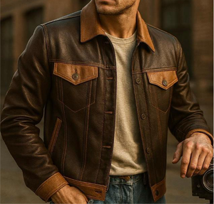 Veste en cuir pour homme, col montant, logo sur le devant, vêtement d'extérieur décontracté d'hiver, surface respirante et lisse, design contemporain - Product Image 4