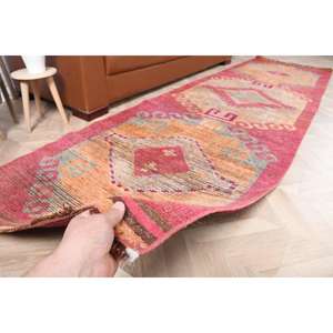 พรมวินเทจสไตล์ตุรกี, พรมปูพื้นขนาด 3.1x10.7 ฟุต (93x325 ซม.), พรมขนสัตว์ลายดอกไม้สีแดง - Product Image 2