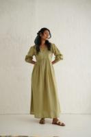 Robe en lin et coton mi-longue à col en V de couleur unie Robes en lin pour femmes Robe en lin d'été vintage personnalisée de haute qualité décontractée pour femmes