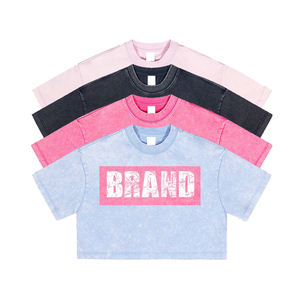 Best Sale High Quality 230gsm Acid Wash Loose Fit Women's Summer <b>Crop</b> <b>Top</b> Customized Vintage Casual Breathable Solid <b>Tops</b> - Product Image 1