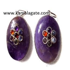 Pendentif unisexe en argent et pierre 7 chakras, améthyste naturelle, diamant, quartz, forme ovale bohème, bouddhisme - Product Image 2