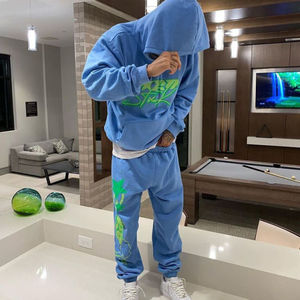 Custom Streetwear Sweat Suits Slim Fit Solid Color Puff Print Sweatpants and Hoodie Set <b>Men</b> Flared Pants Sweat Suit & Track Suit - Product Image 3