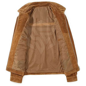 แจ็กเก็ตหนังนิ่มสำหรับผู้ชาย, สินค้ามาใหม่เสื้อแจ็คเก็ตหนังกลับคอปกตั้งด้านหน้าโลโก้หนังวัวระบายอากาศได้กันลม - Product Image 3