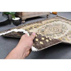 Vintage 3.8 X 7ft Beige <b>Brown</b> <b>Wool</b> Rug Handmade Turkish Classic Style with Patchwork Design Latex Backing for Bedside Use - Product Image 3