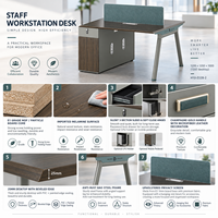 Poste de travail de bureau minimaliste pour 2 personnes face à face avec écran en tissu et support de rangement pour petit bureau ou espace d'équipe