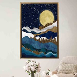 Impression sur toile : Sérénité montagneuse abstraite dans un design de lune pleine moderne, toile encadrée dorée - Product Image 1