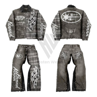 Nuevo Conjunto de Chaqueta y Pantalón Vaquero de Mezclilla Gruesa, Estilo Holgado, con Parches Bordados con Pedrería, Lavado Ácido, Estilo Vintage para Hombre