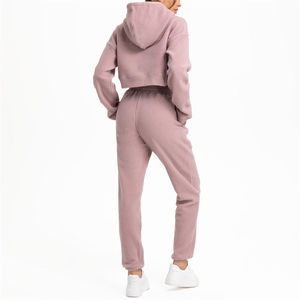 Ensemble de survêtement oversize pour femme 2025, sweat à capuche court zippé intégral et pantalon de jogging évasé, avec broderie effet vieilli et délavé, couleur unie - Product Image 3