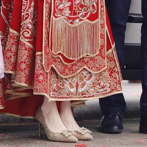 <b>Champagne</b> Crystal Bridal High <b>Heels</b>, Comfortable Rhinestone Two-way Wedding Shoes for Xiuhe Dress - Product Image 3