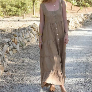 Robe maxi à volants en lin sans manches, boutonnée devant, col mandarin, ample, longue, femme, unie, marron, bohème, été, écologique, douce, ODM - Product Image 1