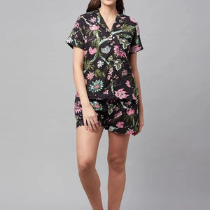 Conjunto de Pijama de Algodón con Estampado Floral Otoñal para Mujer, Cuello en V, Manga Corta, Cierre de Botones, Ropa de Dormir Informal con Bolsillos, Suave y Transpirable - Product Image 1