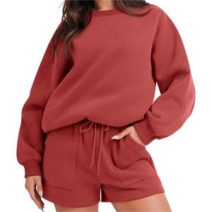 Conjunto Casual de Dos Piezas para Mujer, Sudadera y Pantalones Cortos de Punto por Encima de la Rodilla - Product Image 2