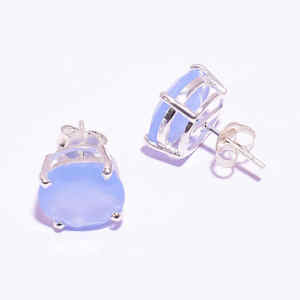Women's 925 Sterling Silver Earrings Excellent Quality Solid Natural Blue Chalcedony Gemstone Prong Setting Gold Studs Weddings - Product Image 3