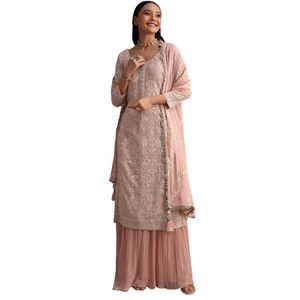 Peach Lucknowi trabajo Kurta Palazzo traje con Palazzo Acampanado y Resham Dupatta venta al por mayor mujeres Ropa Étnica OEM proveedor de fábrica - Product Image 1