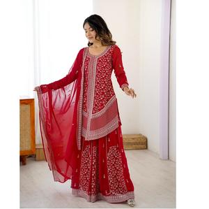 ชุดปาลาซโซผ้าจอร์เจียต์เทียมคุณภาพพรีเมียม พร้อมงานปักด้วยเลื่อมและด้าย สำหรับชุดประจำชาติและการใช้งานแบบดั้งเดิม - Product Image 1