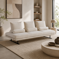 Canapé-lit moderne en tissu crème écologique avec coussins de dossier en mousse et pieds en métal noir pour appartement/hôtel