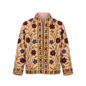 Dusty Peach Hand-Embroidered Floral Velvet <b>Jacket</b> Quilted Varsity Outerwear Stand Short Boho Reversible <b>Suede</b> Leather for Autumn - Product Image 3