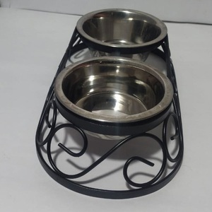 Bols rustiques faits à la main Double chien chat avec support arrondi plat en fer surélevé pour eau de nourriture support de mangeoire pour animaux de compagnie bol pour chien rustique - Product Image 3