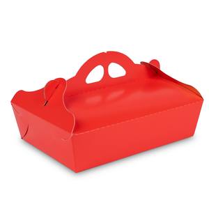 Self-assembling pastry <b>box</b>, made from GC2 stretched cardboard, <b>red</b> finish on outside and glossy gold lamination on inside - Product Image 1