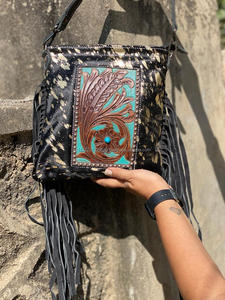 New Real Hair on Hand Tooled <b>Leather</b> Fringe Crossbody Bag Western Boho Turquoise Stone Purse Genuine <b>Leather</b> Handbag for Women's - Product Image 3
