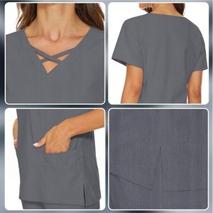 Conjuntos de uniformes médicos cuello alto manga corta cómodos uniformes de enfermería tejidos para mujeres con múltiples bolsillos de alta calidad - Product Image 3