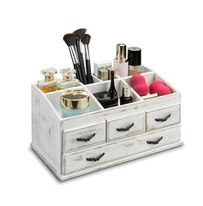 Support de rangement pour bijoux/cosmétiques en bois massif blanchi à 7 compartiments avec 4 tiroirs de rangement vintage - Product Image 1