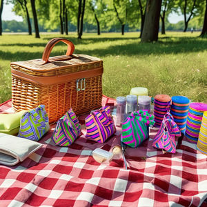 Sacs de plage uniques, traditionnels indiens, faits à la main, en nylon recyclé, réutilisables, tissés, rayés, avec fermeture éclair supérieure et pochettes assorties, fabricant - Product Image 1