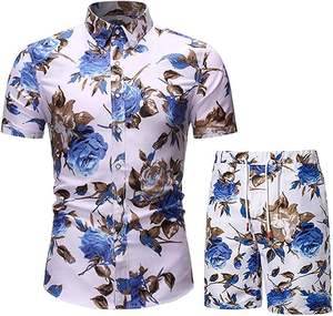 ชุดฮาวายลายดอกไม้ระบายอากาศสำหรับผู้ชาย 2 ชิ้น เสื้อเชิ้ตแขนสั้นติดกระดุมลำลองและกางเกงขาสั้นถัก - Product Image 1
