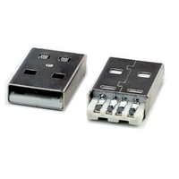 Conector USB 2.0 Tipo A Macho para Soldar con Ángulo Vertical, Contactos de Latón Estañado y Carcasa de PBT+30% Fibra de Vidrio