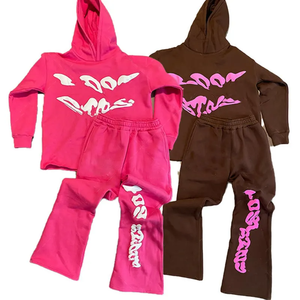 Ensemble sweat à capuche et pantalon évasé imprimé, survêtement graphique assorti deux pièces rose et marron, streetwear tendance, 100% coton - Product Image 1