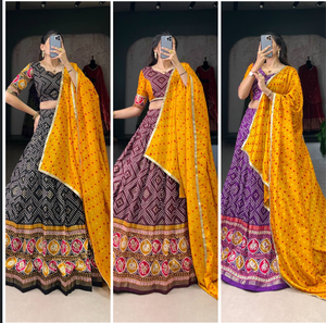 Vêtements de fête Tussar Soie Bandhej Patola Imprimer Lehenga Choli Ensemble Sud Indien Style Feuille Travail Traditionnel Fête De Mariage Indien - Product Image 6