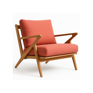 Fauteuil lounge en teck de style mid-century à vendre, avec des accoudoirs géométriques saisissants, des coussins en corail doux et un cadre en bois massif - Product Image 1