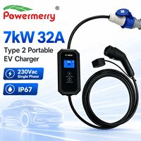 Chargeur EV portable 7 kW 32 A Type 2 monophasé 230 Vca 50 Hz IP67 avec câble de 5 m pour applications de charge domestique et de garage en Europe