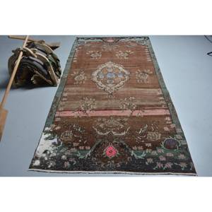 Alfombra turca Vintage verde marrón clásica 4,5X8,8 pies Patchwork lana látex respaldo Rectangular pasillo para cabecera 4m alfombra de noche - Product Image 1