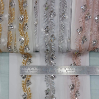 Dentelle florale brodée à la main de haute qualité avec perles, garniture élégante en dentelle filetée couleur miel pour robes de mariée, vêtements DIY et rideaux