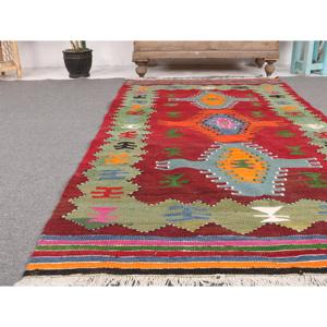 Kilim Vintage Rug, 3.5x6.46 ft Turkish Rug, <b>Red</b> Floral <b>Wool</b> Rug - Product Image 5