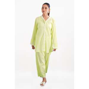 ชุดเซ็ตสีเขียวลายริ้วแบบย้อมสีสำหรับผู้หญิง ชุดลำลอง 2 ชิ้น ไซส์ XS XXS สำหรับฤดูใบไม้ผลิ/ฤดูร้อน - Product Image 1