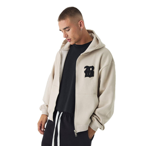 Beige Chenille bordado letra parche invierno Zip Hoodies hombres peso pesado polar Streetwear gran tamaño Zip-Up sudadera OEM - Product Image 1