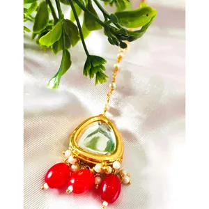 Ensemble de collier plaqué or 24 carats Kundan Meenakari avec perles rouges, bijoux de mariée vintage raffinés pour cadeaux - Product Image 5