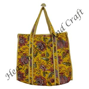 2025 matelassé Shopping sac fourre-tout indien à la main pur coton belles femmes plage porter des sacs fête porter voyage sacs de rangement indien - Product Image 4